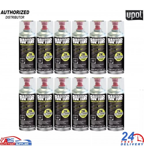 12X U-POL Raptor 2K Tough Bed Liner 400ml Aerosol – Black Durable Coating